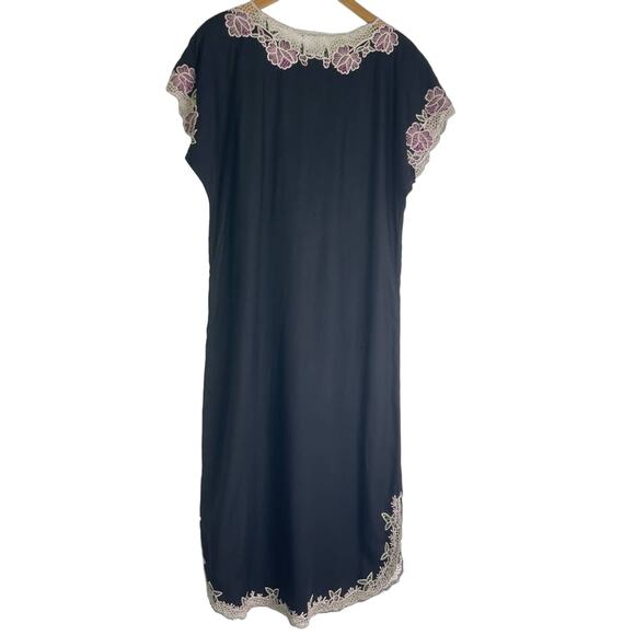 Vintage Embroidered Black Dress White Floral Lace Rayon Dress Pink Green - Picture 2 of 9